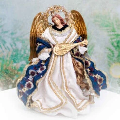 Ivory Blue Brocade Lace Standing Angel With Mandolin Halo - 25cm -Christmas Decor Sales Store 20 03B ASD IVORY BLUE ANGEL MANDOLIN 25CM 34973.1674251465