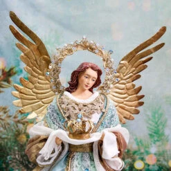 Blue Gold Standing Angel With Crown - 35cm -Christmas Decor Sales Store 21 02B ASF BLUE GOLD STANDING ANGEL WITH CROWN CLOSE STYLED 98632.1685249262