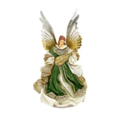 Green Cream Gold Angel With Mandolin - 25cm