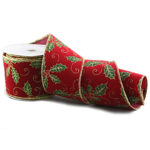 Red Holly Glittered Christmas Ribbon - 10m 3 Red Holly Glittered Christmas Ribbon - 10m